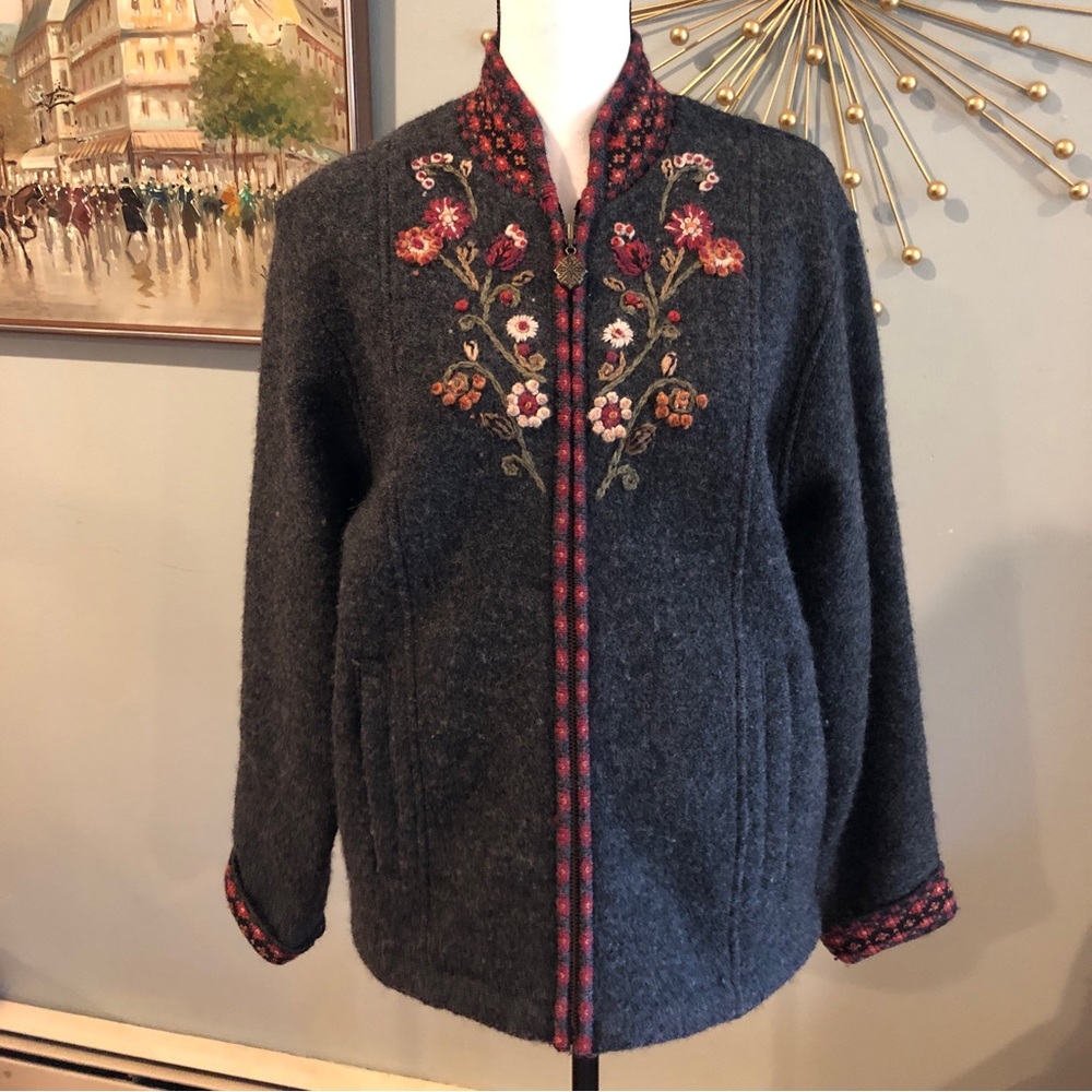 Icelandic Design Floral Embroidered Wool Full Zip Cardigan Jacket - Size S